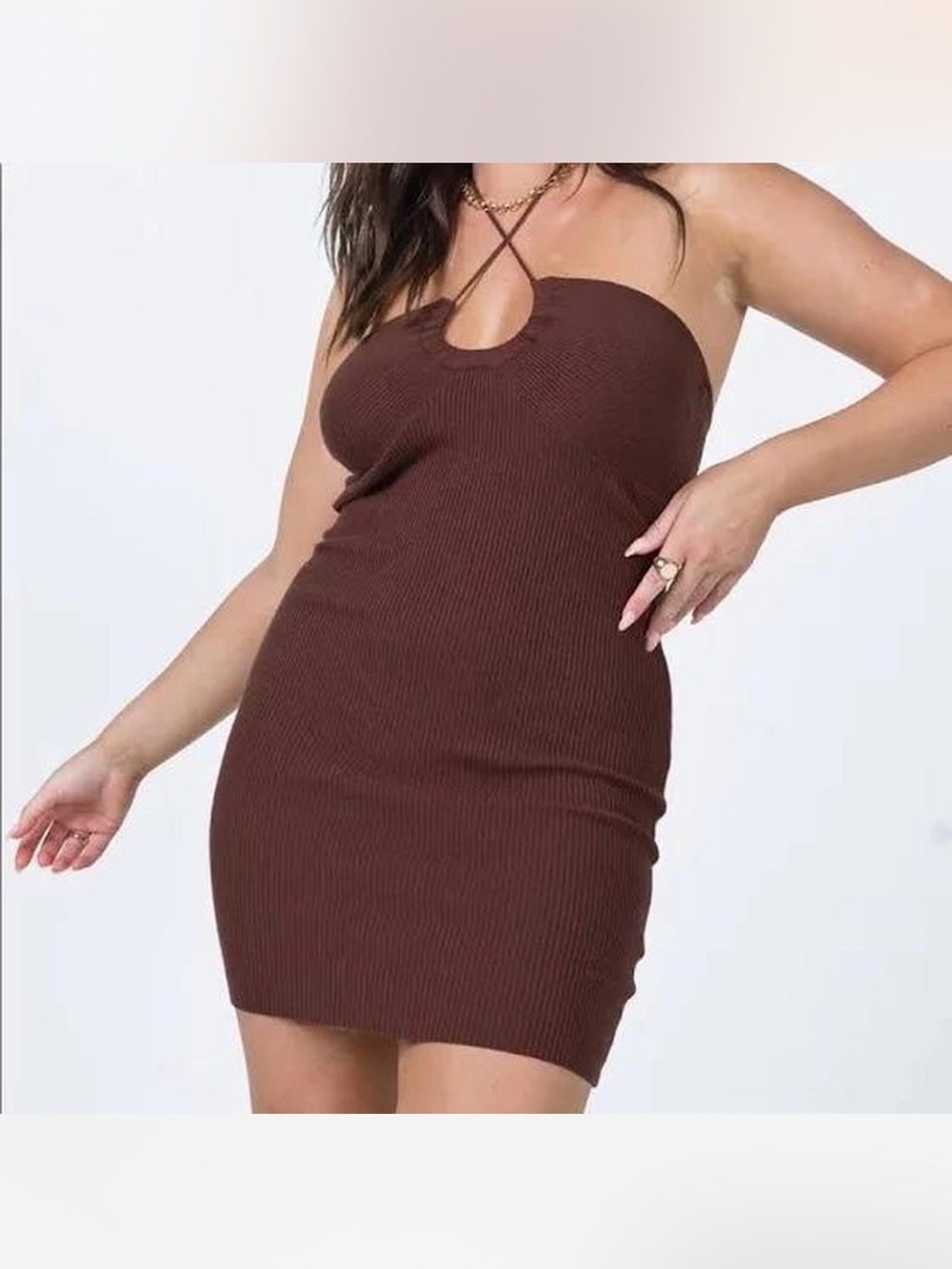 Princess Polly Strapless Ribbed Halter Midi Dress in Chocolate Brown